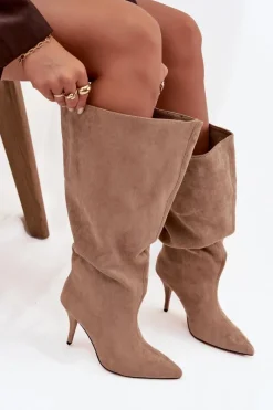 Hot Boto Wsuwane Kozaki Damskie Na Szpilce Z Eko Zamszu Beżowe Noretta Beżowy