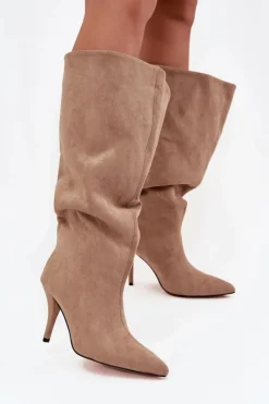 Hot Boto Wsuwane Kozaki Damskie Na Szpilce Z Eko Zamszu Beżowe Noretta Beżowy