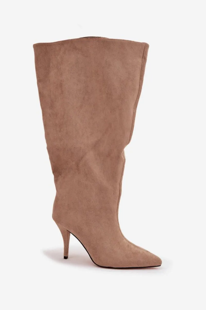 Hot Boto Wsuwane Kozaki Damskie Na Szpilce Z Eko Zamszu Beżowe Noretta Beżowy