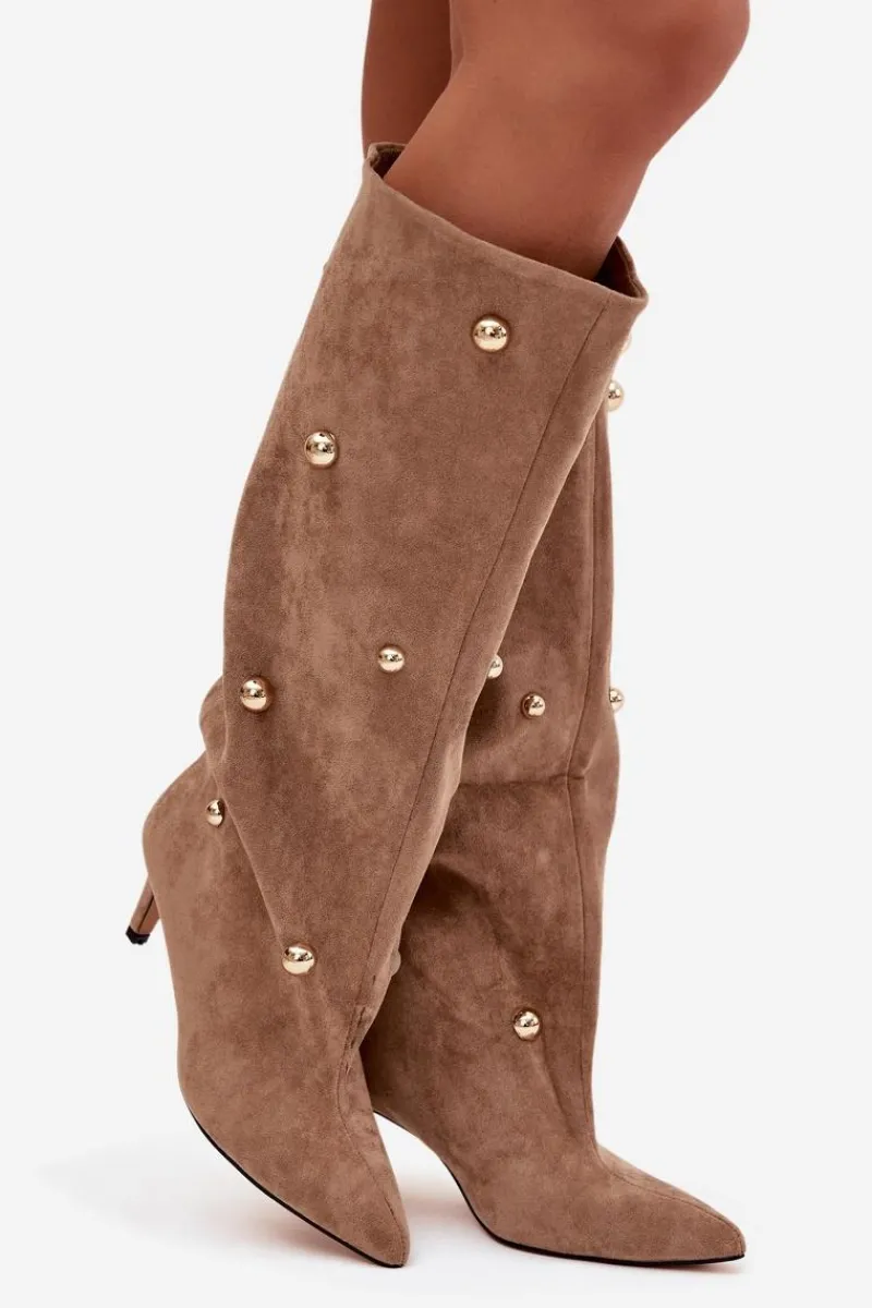 New Wsuwane Kozaki Damskie Na Szpilce Ze Złotymi Ozdobami Beżowe Thaliane Damskie Kozaki Ocieplane|Kozaki Przed Kolano