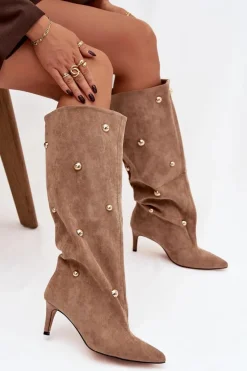 New Wsuwane Kozaki Damskie Na Szpilce Ze Złotymi Ozdobami Beżowe Thaliane Damskie Kozaki Ocieplane|Kozaki Przed Kolano