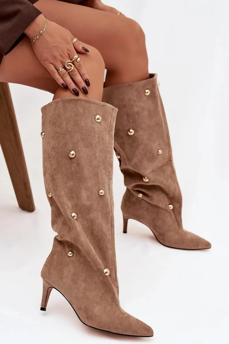 New Wsuwane Kozaki Damskie Na Szpilce Ze Złotymi Ozdobami Beżowe Thaliane Damskie Kozaki Ocieplane|Kozaki Przed Kolano