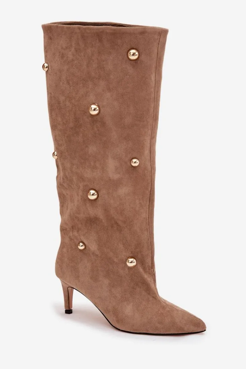 New Wsuwane Kozaki Damskie Na Szpilce Ze Złotymi Ozdobami Beżowe Thaliane Damskie Kozaki Ocieplane|Kozaki Przed Kolano