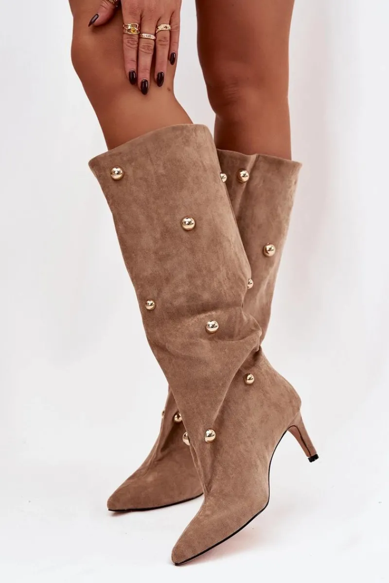 New Wsuwane Kozaki Damskie Na Szpilce Ze Złotymi Ozdobami Beżowe Thaliane Damskie Kozaki Ocieplane|Kozaki Przed Kolano