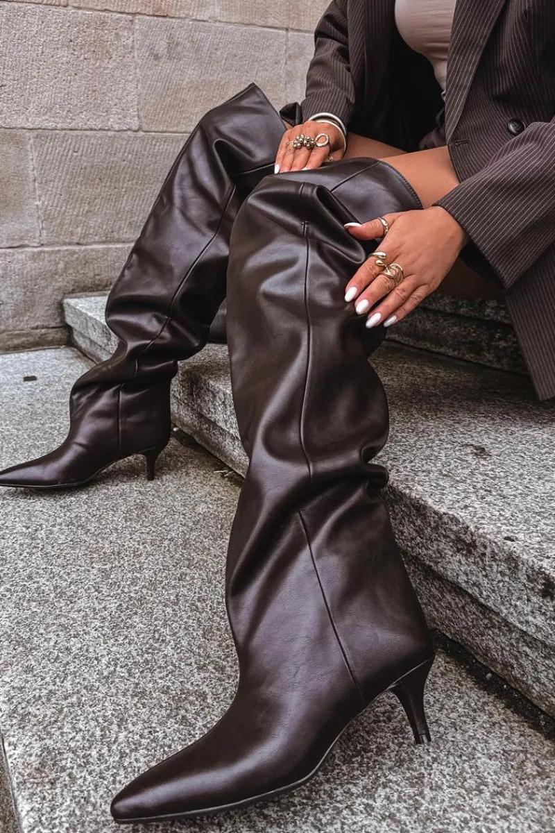 Kozaki Ocieplane|Muszkieterki>Boto Wsuwane Kozaki Damskie Na Szpilce Czekoladowe Ysolienne Brązowy