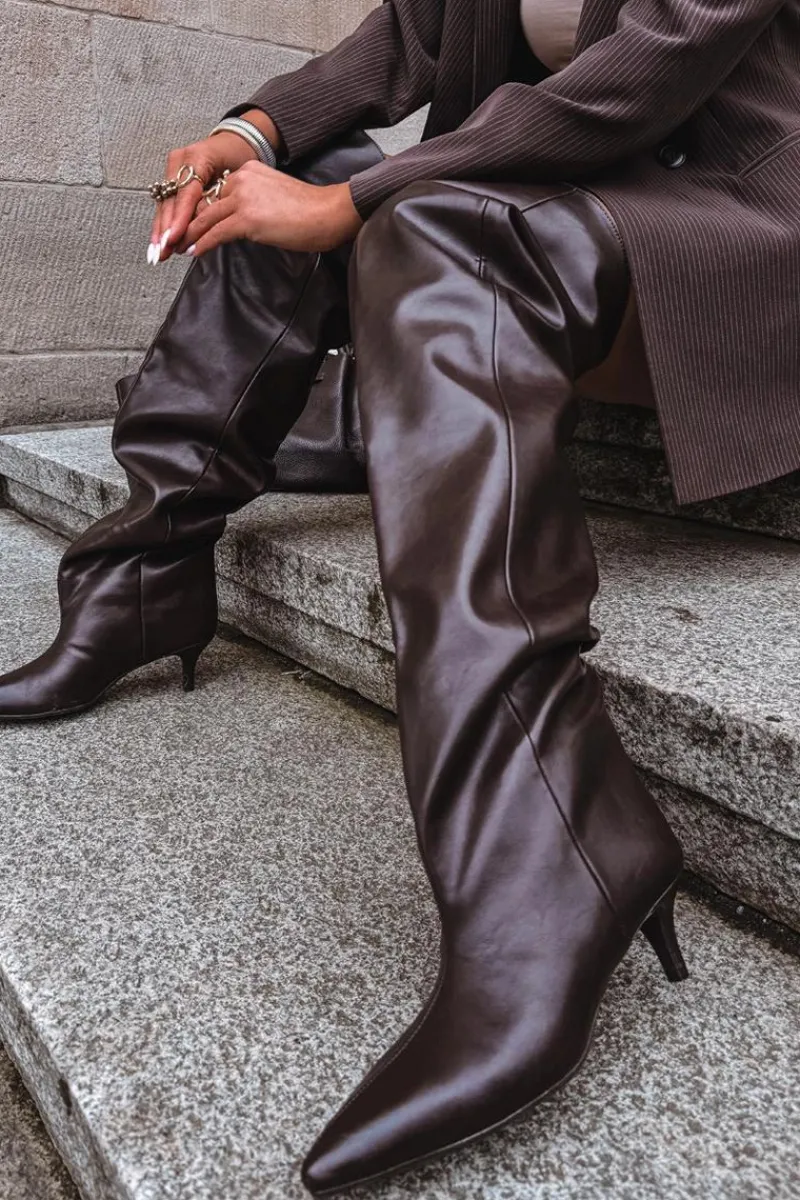 Kozaki Ocieplane|Muszkieterki>Boto Wsuwane Kozaki Damskie Na Szpilce Czekoladowe Ysolienne Brązowy