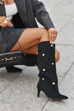 Sale Boto Wsuwane Kozaki Damskie Na Szpilce Ze Złotymi Ozdobami Czarne Thaliane