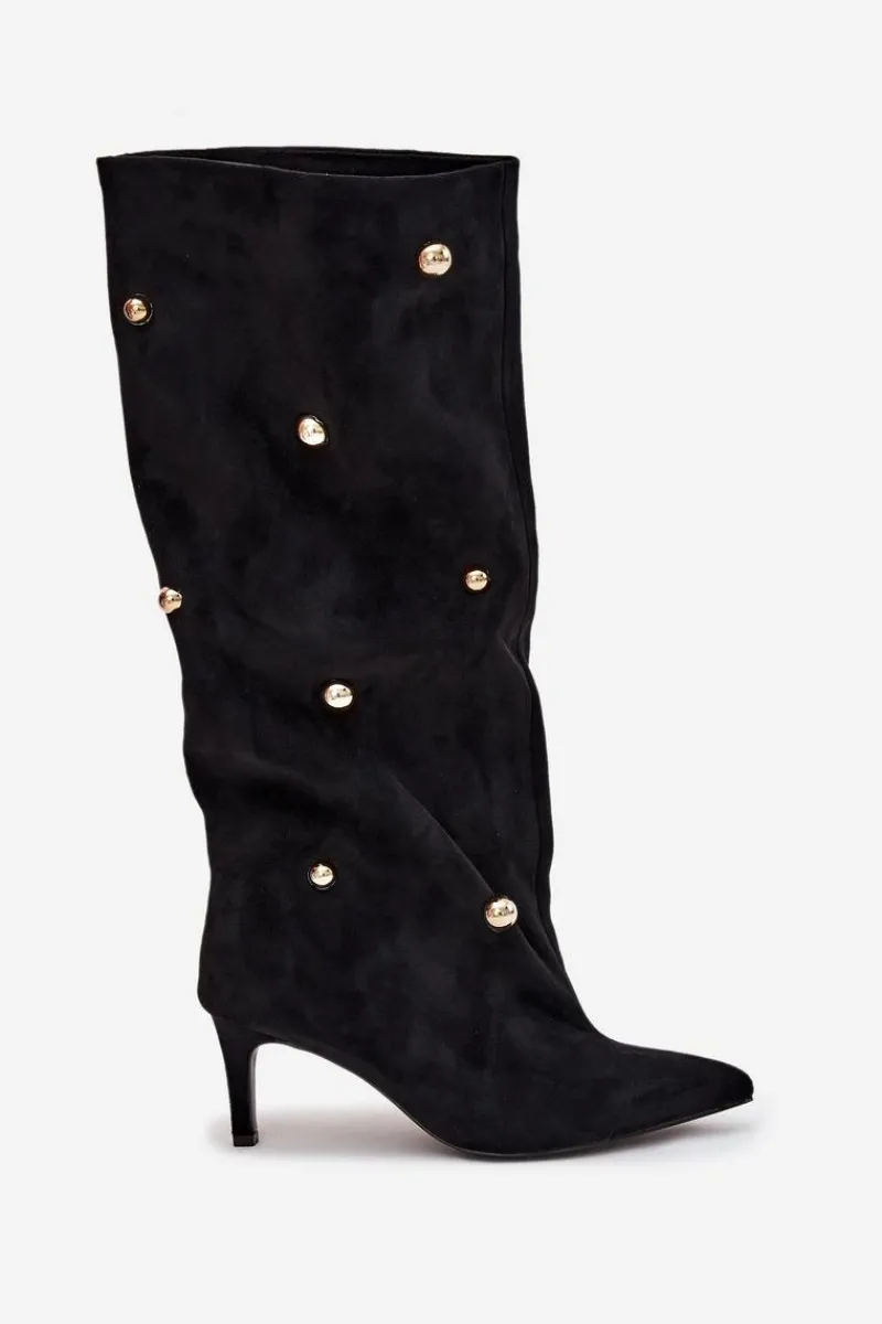 Sale Boto Wsuwane Kozaki Damskie Na Szpilce Ze Złotymi Ozdobami Czarne Thaliane