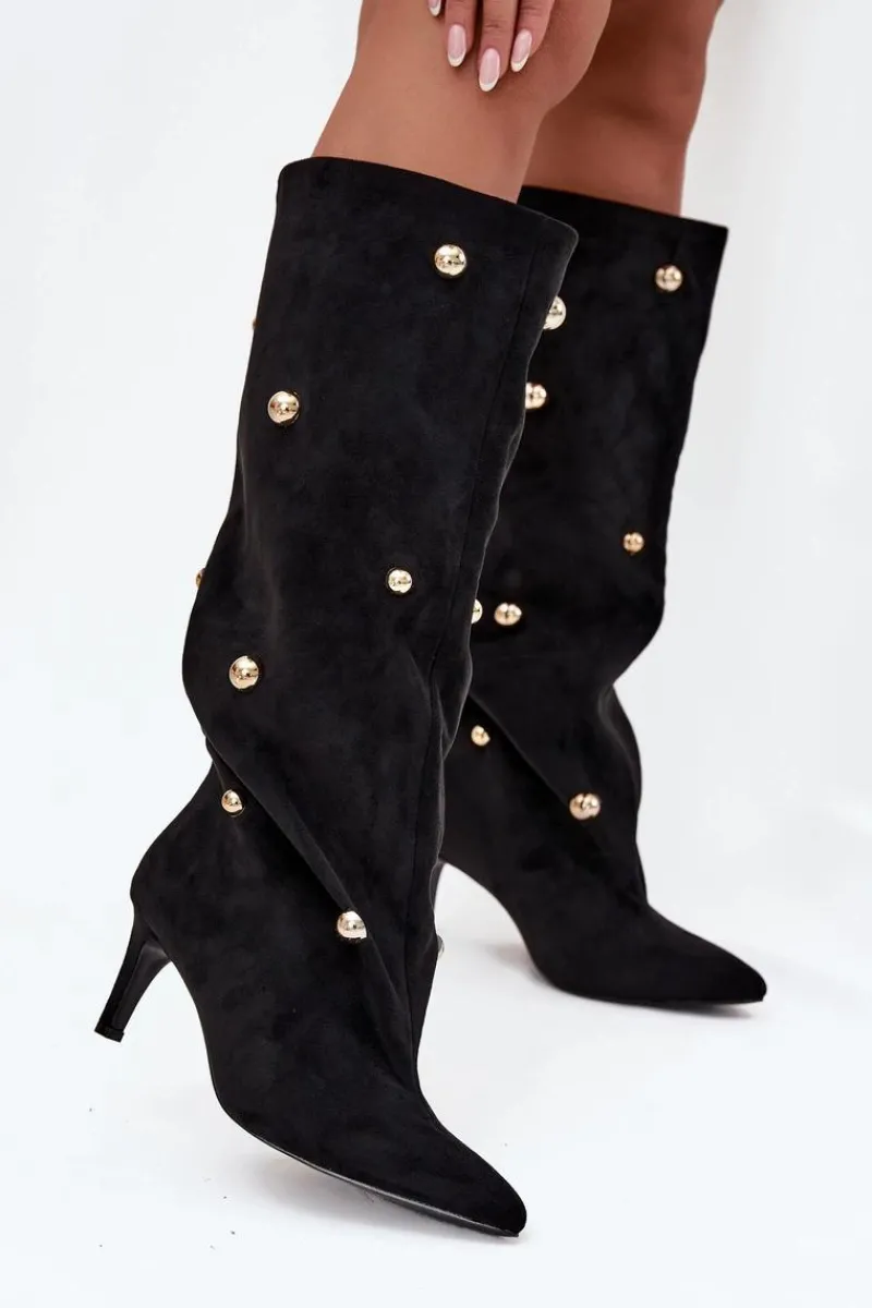 Sale Boto Wsuwane Kozaki Damskie Na Szpilce Ze Złotymi Ozdobami Czarne Thaliane