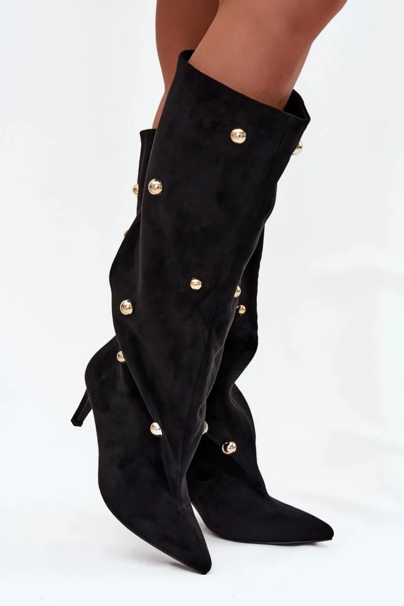 Sale Boto Wsuwane Kozaki Damskie Na Szpilce Ze Złotymi Ozdobami Czarne Thaliane