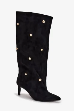 Sale Boto Wsuwane Kozaki Damskie Na Szpilce Ze Złotymi Ozdobami Czarne Thaliane