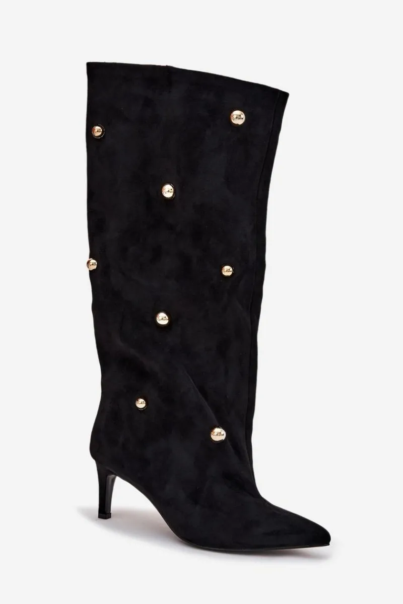 Sale Boto Wsuwane Kozaki Damskie Na Szpilce Ze Złotymi Ozdobami Czarne Thaliane