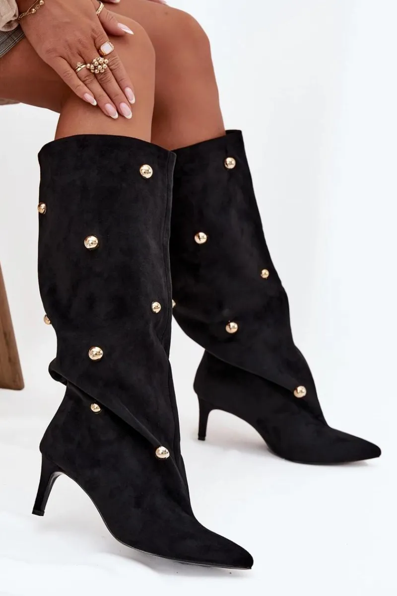 Sale Boto Wsuwane Kozaki Damskie Na Szpilce Ze Złotymi Ozdobami Czarne Thaliane