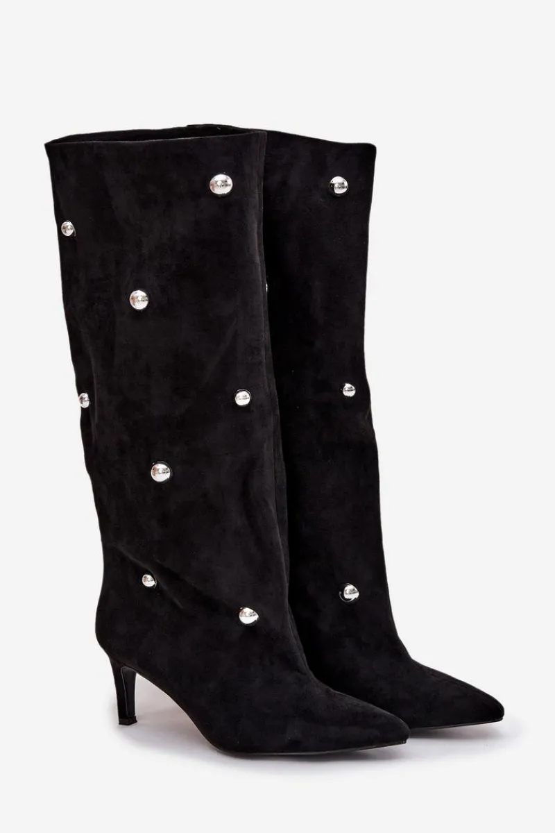 Kozaki Ocieplane|Kozaki Przed Kolano>Boto Wsuwane Kozaki Damskie Na Szpilce Ze Srebrnymi Ozdobami Czarne Thaliane Czarny