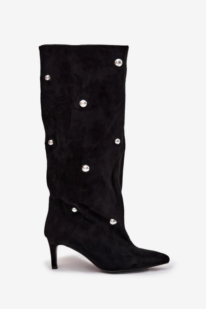 Kozaki Ocieplane|Kozaki Przed Kolano>Boto Wsuwane Kozaki Damskie Na Szpilce Ze Srebrnymi Ozdobami Czarne Thaliane Czarny