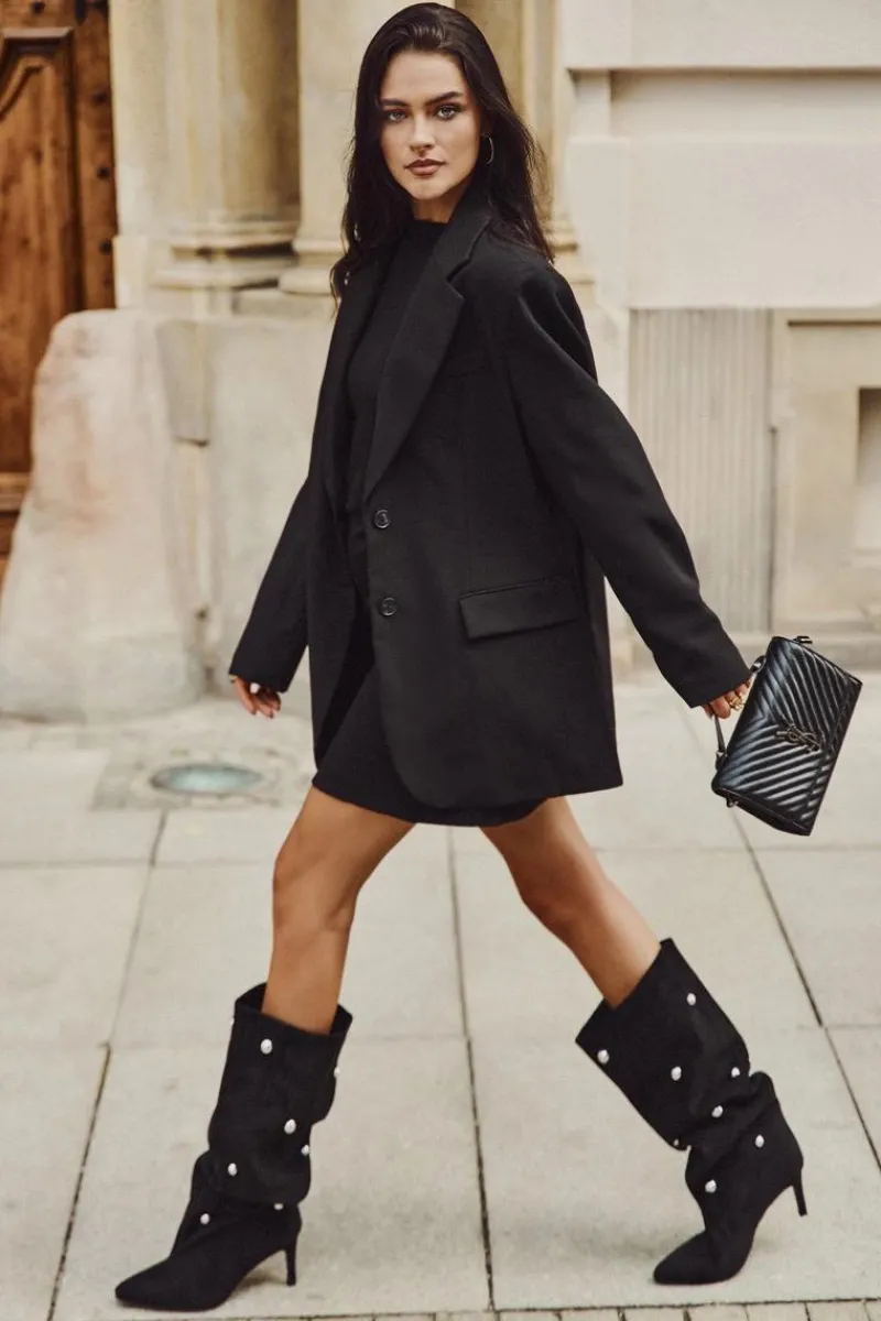 Kozaki Ocieplane|Kozaki Przed Kolano>Boto Wsuwane Kozaki Damskie Na Szpilce Ze Srebrnymi Ozdobami Czarne Thaliane Czarny