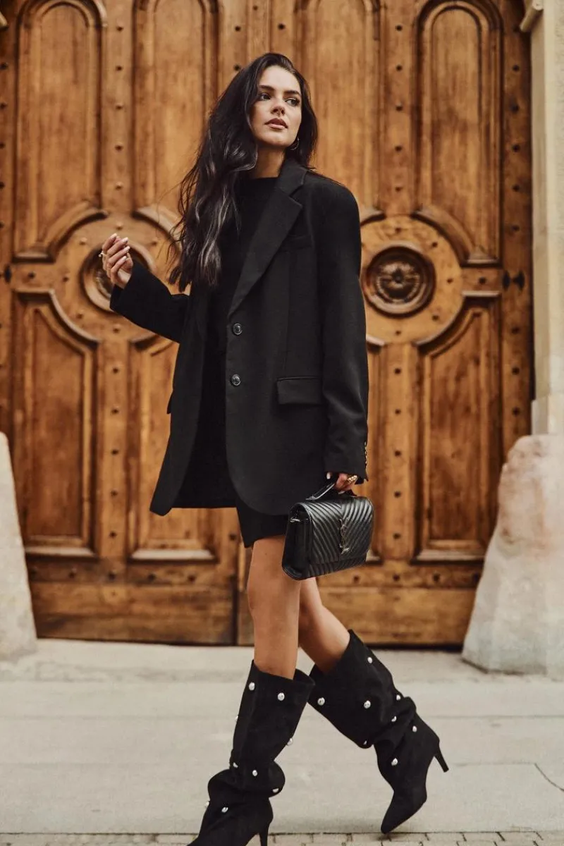 Kozaki Ocieplane|Kozaki Przed Kolano>Boto Wsuwane Kozaki Damskie Na Szpilce Ze Srebrnymi Ozdobami Czarne Thaliane Czarny