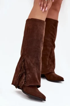 Best Wsuwane Kozaki Kowbojki Damskie Na Słupku Z Frędzlami Brązowe Zalia Damskie Kozaki Ocieplane|Kozaki Na Słupku