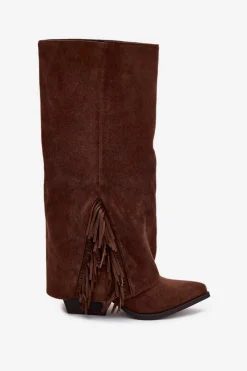 Best Wsuwane Kozaki Kowbojki Damskie Na Słupku Z Frędzlami Brązowe Zalia Damskie Kozaki Ocieplane|Kozaki Na Słupku