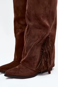 Best Wsuwane Kozaki Kowbojki Damskie Na Słupku Z Frędzlami Brązowe Zalia Damskie Kozaki Ocieplane|Kozaki Na Słupku