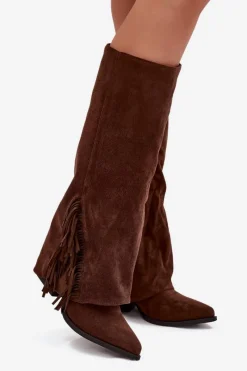 Best Wsuwane Kozaki Kowbojki Damskie Na Słupku Z Frędzlami Brązowe Zalia Damskie Kozaki Ocieplane|Kozaki Na Słupku
