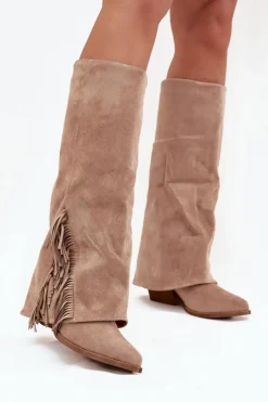 Online Boto Wsuwane Kozaki Kowbojki Damskie Na Słupku Z Frędzlami Beżowe Zalia Beżowy