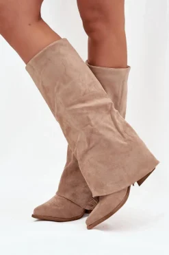 Online Boto Wsuwane Kozaki Kowbojki Damskie Na Słupku Z Frędzlami Beżowe Zalia Beżowy