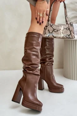 Outlet Wsuwane Kozaki Na Słupku I Platformie Z Marszczeniem Ocieplane Brązowe Beridra Damskie Kozaki Ocieplane|Kozaki Na Słupku