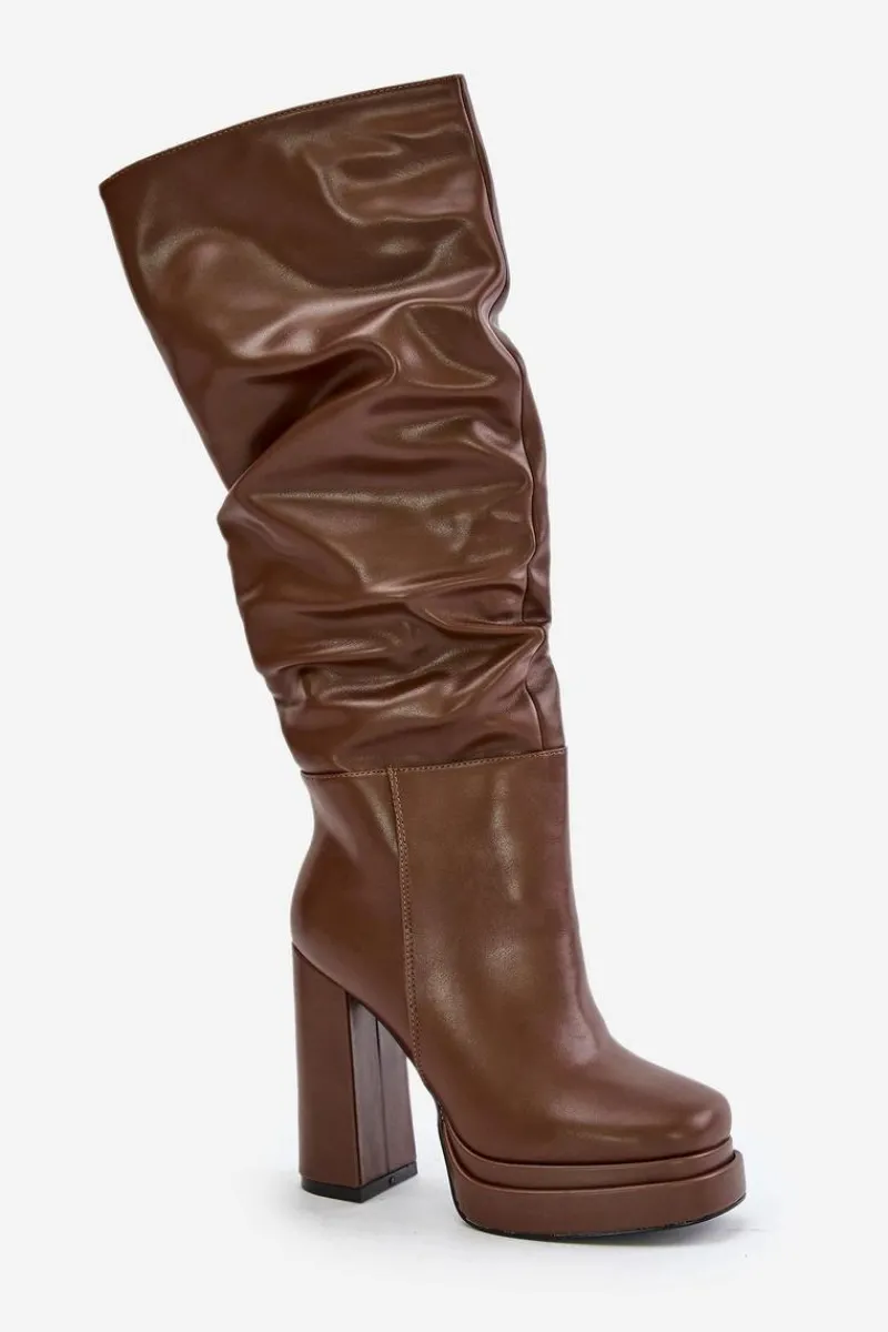 Outlet Wsuwane Kozaki Na Słupku I Platformie Z Marszczeniem Ocieplane Brązowe Beridra Damskie Kozaki Ocieplane|Kozaki Na Słupku