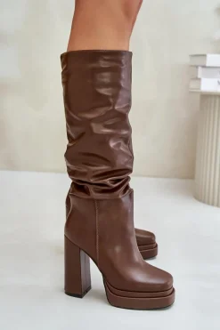 Outlet Wsuwane Kozaki Na Słupku I Platformie Z Marszczeniem Ocieplane Brązowe Beridra Damskie Kozaki Ocieplane|Kozaki Na Słupku