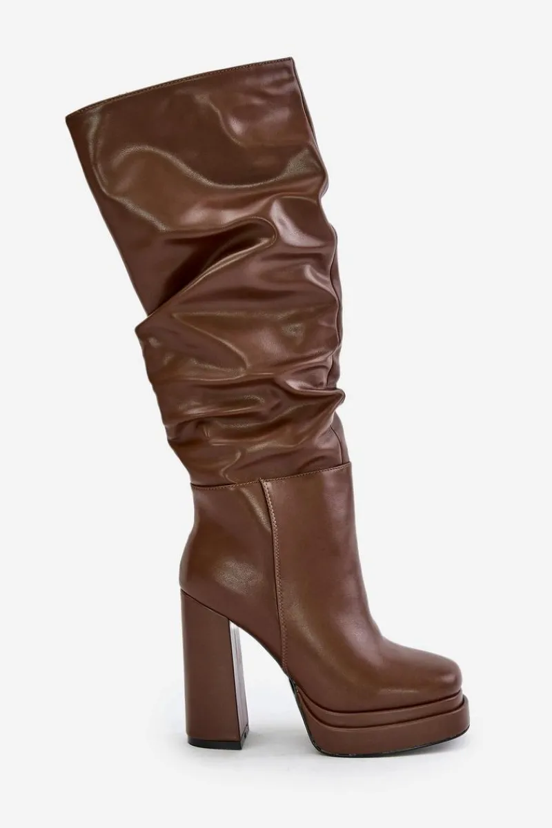 Outlet Wsuwane Kozaki Na Słupku I Platformie Z Marszczeniem Ocieplane Brązowe Beridra Damskie Kozaki Ocieplane|Kozaki Na Słupku