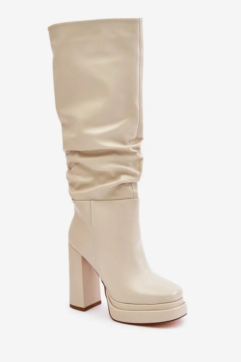 Kozaki Ocieplane|Kozaki Na Słupku>Boto Wsuwane Kozaki Na Słupku I Platformie Z Marszczeniem Ocieplane Jasnobeżowe Beridra Beżowy