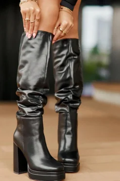 New Boto Wsuwane Kozaki Na Słupku I Platformie Z Marszczeniem Ocieplane Czarne Beridra