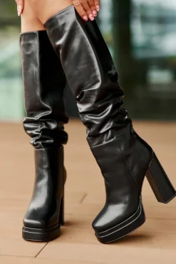 New Boto Wsuwane Kozaki Na Słupku I Platformie Z Marszczeniem Ocieplane Czarne Beridra