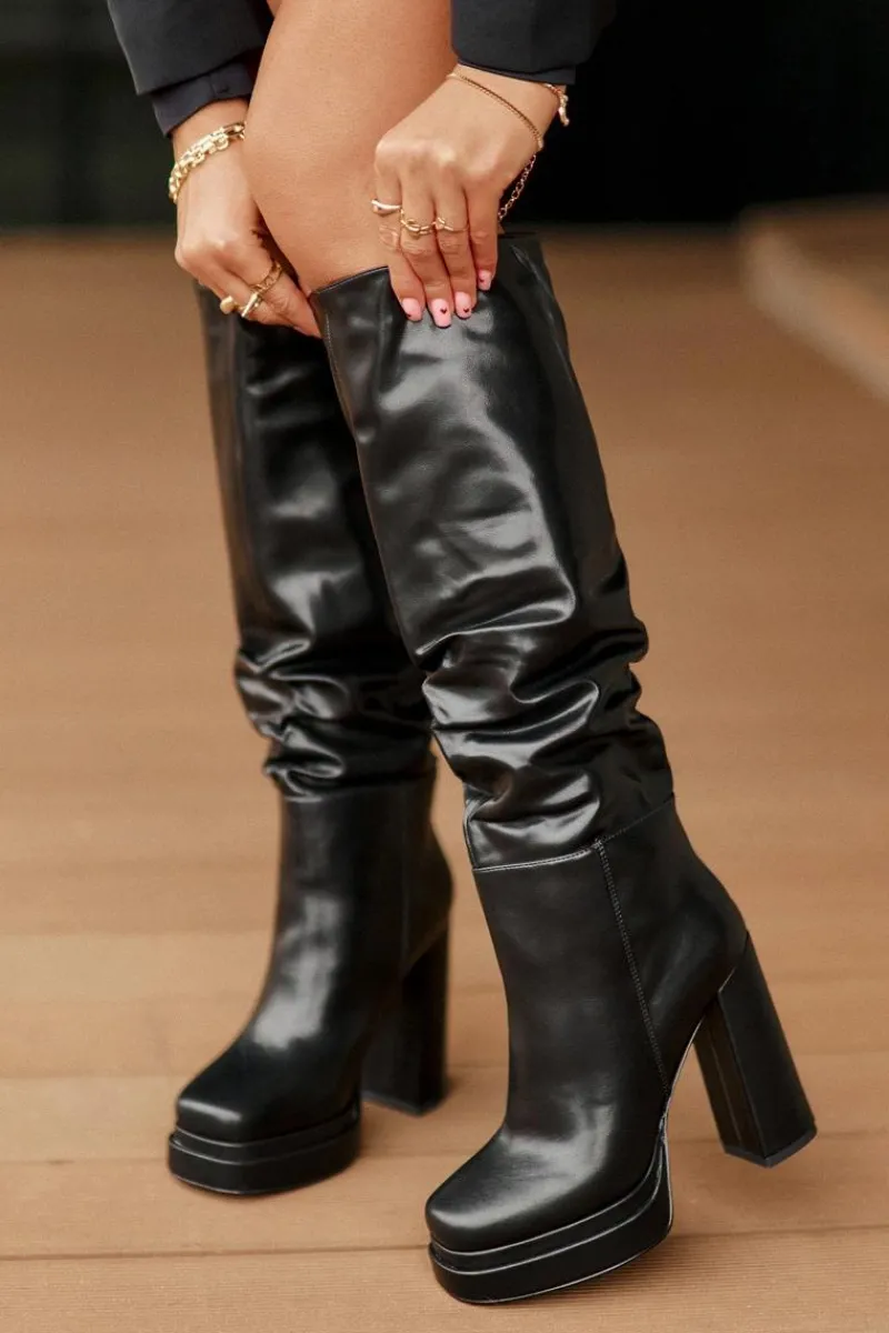 New Boto Wsuwane Kozaki Na Słupku I Platformie Z Marszczeniem Ocieplane Czarne Beridra