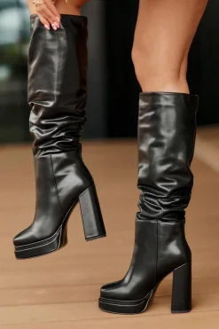 New Boto Wsuwane Kozaki Na Słupku I Platformie Z Marszczeniem Ocieplane Czarne Beridra