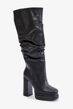 New Boto Wsuwane Kozaki Na Słupku I Platformie Z Marszczeniem Ocieplane Czarne Beridra