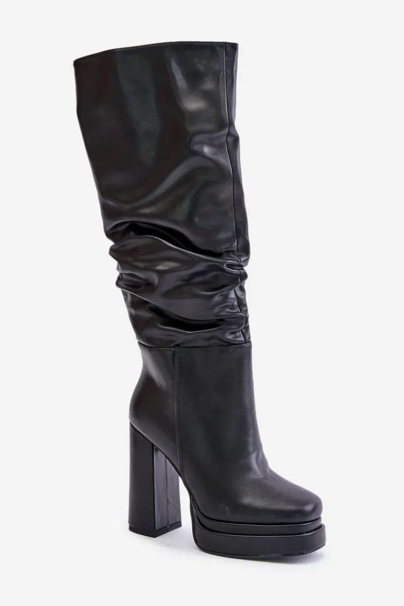 New Boto Wsuwane Kozaki Na Słupku I Platformie Z Marszczeniem Ocieplane Czarne Beridra