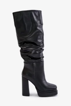 New Boto Wsuwane Kozaki Na Słupku I Platformie Z Marszczeniem Ocieplane Czarne Beridra