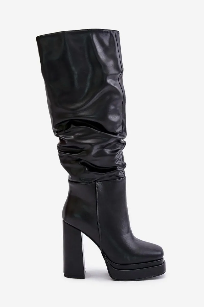 New Boto Wsuwane Kozaki Na Słupku I Platformie Z Marszczeniem Ocieplane Czarne Beridra