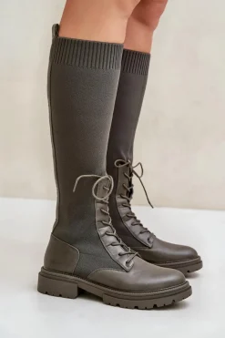 Kozaki Ocieplane|Kozaki Wiosenne></noscript>Boto Wsuwane Kozaki Ze Skarpetkową Cholewką Ciemnozielone Iranel Zielony