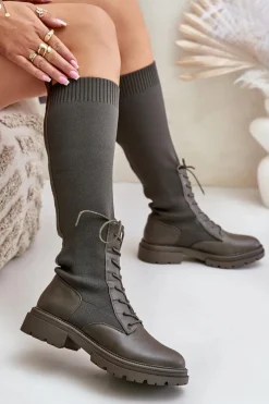 Kozaki Ocieplane|Kozaki Wiosenne></noscript>Boto Wsuwane Kozaki Ze Skarpetkową Cholewką Ciemnozielone Iranel Zielony