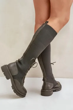 Kozaki Ocieplane|Kozaki Wiosenne></noscript>Boto Wsuwane Kozaki Ze Skarpetkową Cholewką Ciemnozielone Iranel Zielony