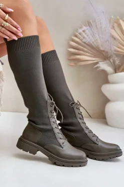 Kozaki Ocieplane|Kozaki Wiosenne></noscript>Boto Wsuwane Kozaki Ze Skarpetkową Cholewką Ciemnozielone Iranel Zielony