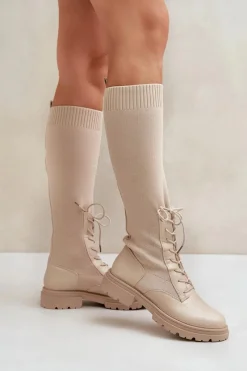 Best Boto Wsuwane Kozaki Ze Skarpetkową Cholewką Beżowe Iranel Beżowy