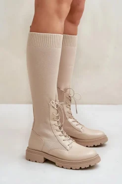 Best Boto Wsuwane Kozaki Ze Skarpetkową Cholewką Beżowe Iranel Beżowy