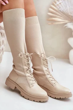 Best Boto Wsuwane Kozaki Ze Skarpetkową Cholewką Beżowe Iranel Beżowy