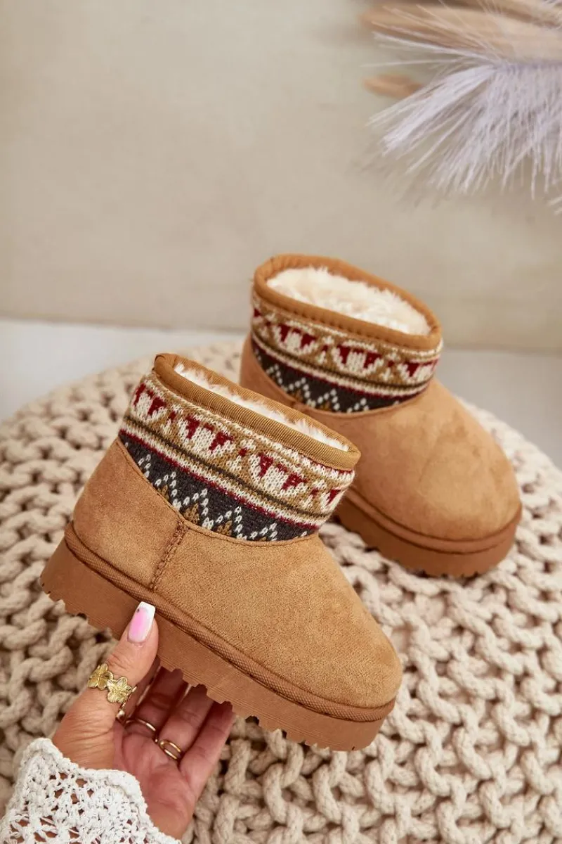 Dziewczęce|Chłopięce>Boto Wsuwane Śniegowce Dziecięce Ze Wzorem Wstawką Ocieplane Futerkiem Camel Mirirae Brązowy