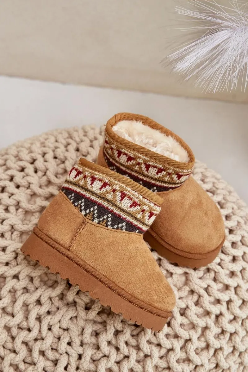 Dziewczęce|Chłopięce>Boto Wsuwane Śniegowce Dziecięce Ze Wzorem Wstawką Ocieplane Futerkiem Camel Mirirae Brązowy