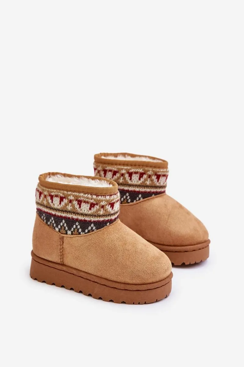 Dziewczęce|Chłopięce>Boto Wsuwane Śniegowce Dziecięce Ze Wzorem Wstawką Ocieplane Futerkiem Camel Mirirae Brązowy